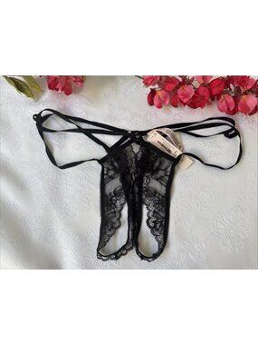 VICTORIA'S SECRET PANTIES L BLACK LACE OPEN BOTTOM STRAPPY HIGH LEG TANGA THONG